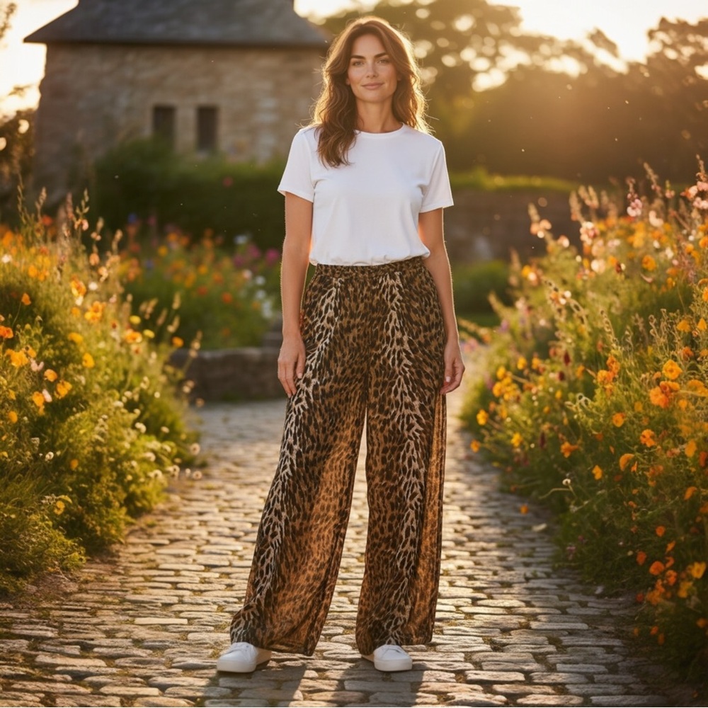 Vintage 70s Wide Leg Pants Flare Silky Chiffon Leopard Trousers Made in USA